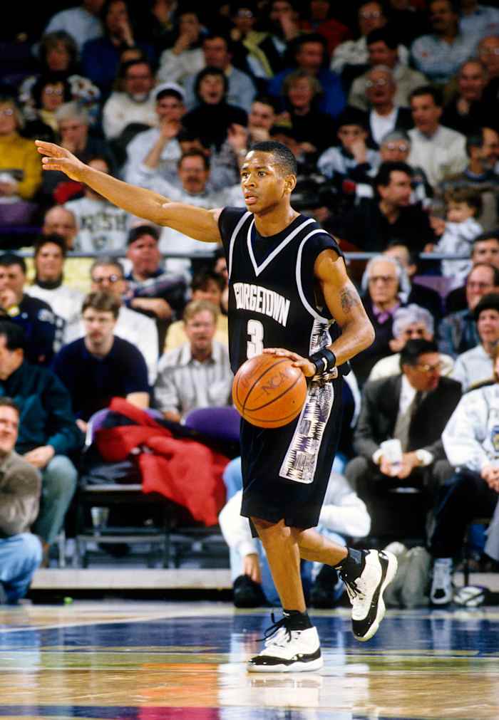 Georgetown Hoyas guard Allen Iverson dribbles the basketball.